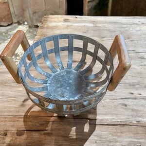Washed Galvanized Metal Strip-Woven Look Basket withWooden Handles-Country